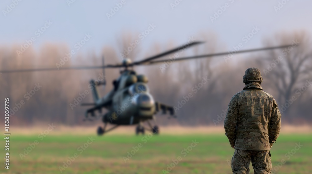 Obraz premium Helicopter military soldier in camouflage uniform standing on field, watching military helicopter arriving for transport or combat mission