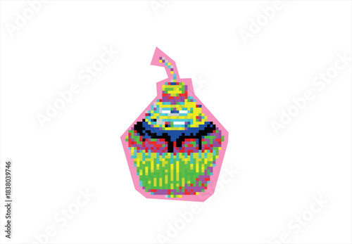 Vibrant Pixelated Cupcake with Glitchy. 8 bit. Game development, mobile app. Isolated vector illustration.