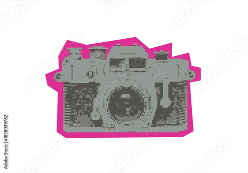 Pixelated Retro Camera Pop Art. 8 bit. Game development, mobile app. Isolated vector illustration.