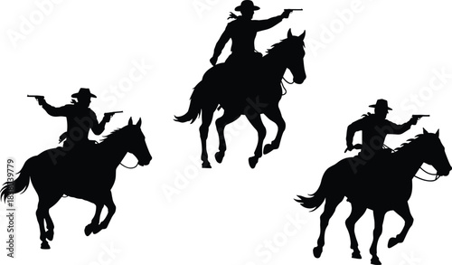 Cowboy silhouette vector, horseback pistol icons, wild west action clipart, frontier rider design, western illustration, cad drawing flat vector illustration