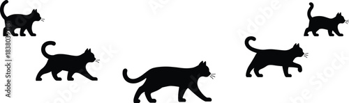 Cat silhouette vector, walking feline icons, black animal clipart, pet design elements, motion illustration, cad drawing flat vector illustration