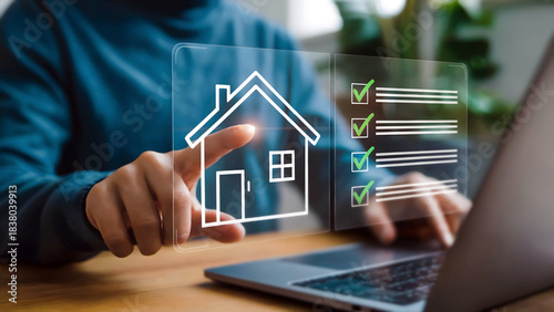 Confident user finalizing digital home purchase agreement with successful checklist verification online