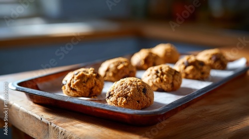 Freshly baked chocolate chip cookies resting on a tray, showcasing a golden-brown color and inviting texture in a cozy kitchen setting.