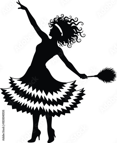 Silhouette of a woman in a flapper-style dress holding a feather duster in dynamic motion on a bright white background