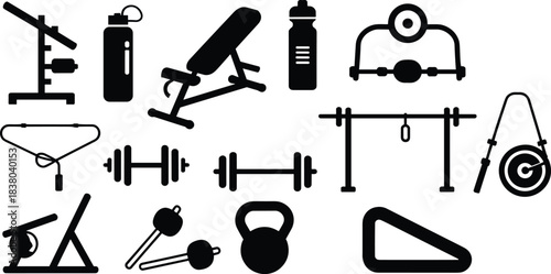 Gym equipment silhouette vector, fitness icons set, workout gear clipart, training tools illustration, cad drawing flat vector illustration