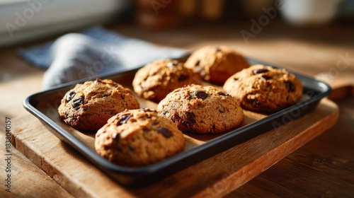 Freshly baked cookies on a baking tray, showcasing a golden-brown color and rich chocolate chunks.