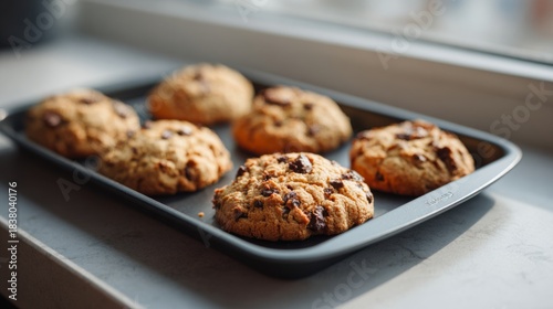 Freshly baked chocolate chip cookies on a baking tray, golden brown and deliciously inviting.