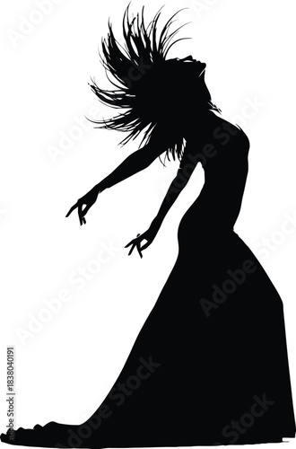 Silhouette of a woman in a flowing gown with wind-swept hair captured in dynamic motion against a clean white background