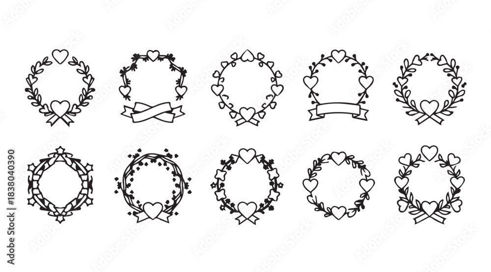 Obraz premium Collection of ten decorative oval frames with floral and heart elements silhouette