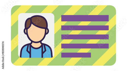 Identification Card With Photo And Text Lines Against A Green And Yellow Striped Background In A Flat Design Style