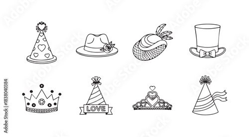 Collection of various party hats and crowns in a hand drawn silhouette style