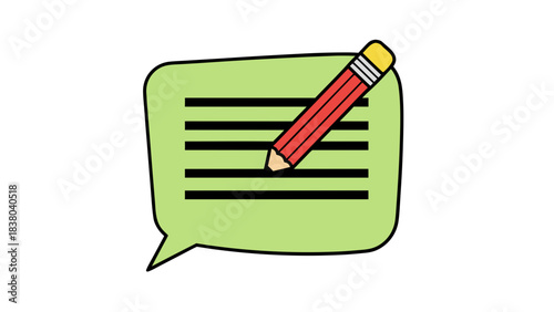 Illustration of a pencil writing on a speech bubble with horizontal lines representing text on a black background symbolizing communication and ideas