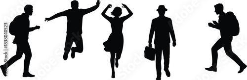 Human activity silhouette vector, walking jumping dancing icons, business and casual motion clipart, cad drawing flat vector illustration