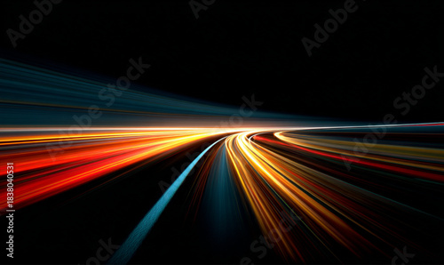 Abstract blurred motion high speed city road, night time. Neon speed line with smooth glowing trail effect. Abstract motion expresses rapid movement and energy streams. Color road vector illuminated. 