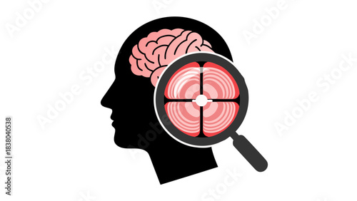Illustration of a pink brain magnified by a magnifying glass with crosshairs highlighting brain sections on a black background representing neuroscience research or medical examination