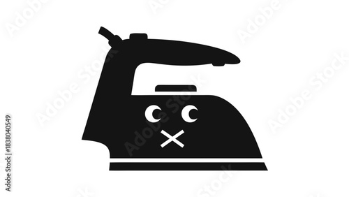 Illustration of a vintage black iron with a distressed face depicting a no speaking or silence symbol on a plain black background symbolizing quiet or censorship
