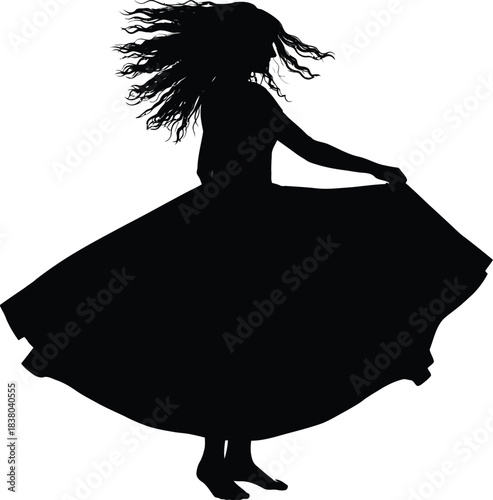 Silhouette of a young woman twirling in a flowing dress with dynamic hair motion on a stark white background