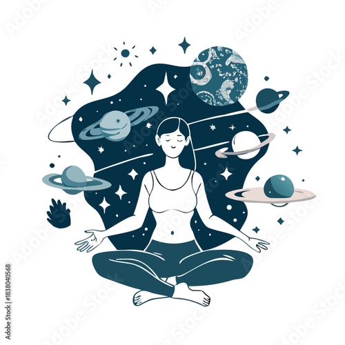 Beautiful mystical dreamer woman in space with galaxi and stars. Meditation and yoga concept. AI Generative.
