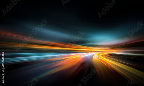 Transparent neon speed line with luminous curves. Abstract light trails illustrate high speed movement energy. Futuristic cityscape, speed digital cyberspace. Vector illustration. 