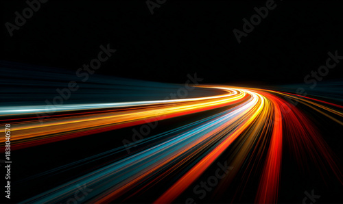 Racing cars dynamic flash effects city road with long exposure night lights. Car speed trails. Motion light streaks background with blurred fast moving light effect. Vector illustration. 