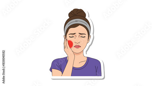 Illustration Of A Young Woman Experiencing Toothache Holding Her Jaw With A Red Area Indicating Pain Against A Black Background