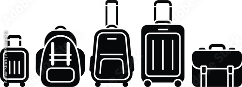 Luggage silhouette vector, travel bag icons, suitcase backpack briefcase clipart set, cad drawing flat vector illustration