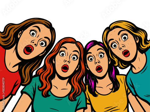 women with wide eyes and open mouths, looking downward in a dramatic and shocked expression. Generative ai vector colorful pop art illustration.
