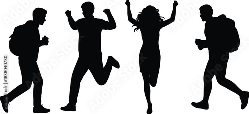 Human silhouette vector, walking jumping celebrating icons, backpack and casual pose clipart, cad drawing flat vector illustration