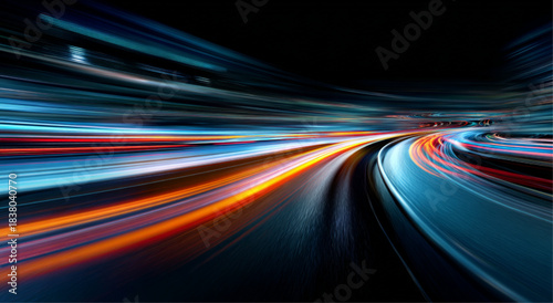 Transparent neon speed line with luminous curves. Abstract light trails illustrate high speed movement energy. Futuristic cityscape, speed digital cyberspace. Vector illustration. 