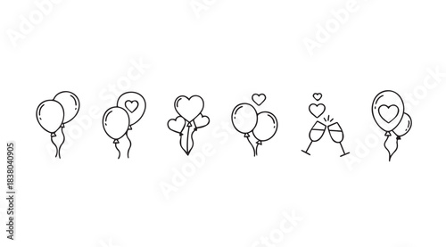 Collection of hand drawn romantic heart shaped balloons and champagne glasses silhouette