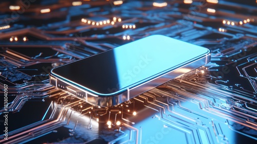 Modern smartphone resting on a circuit board.