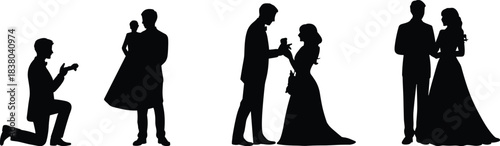 Romantic couple silhouette vector, proposal wedding family icons, love relationship clipart, emotional design illustration, cad drawing flat vector illustration