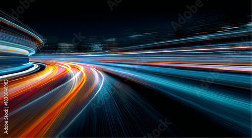 Abstract speed of light background with color streaks in futuristic city scape view. Dynamic high motion highway at night with digital wireframe effects luminous trails. Vector illustration.