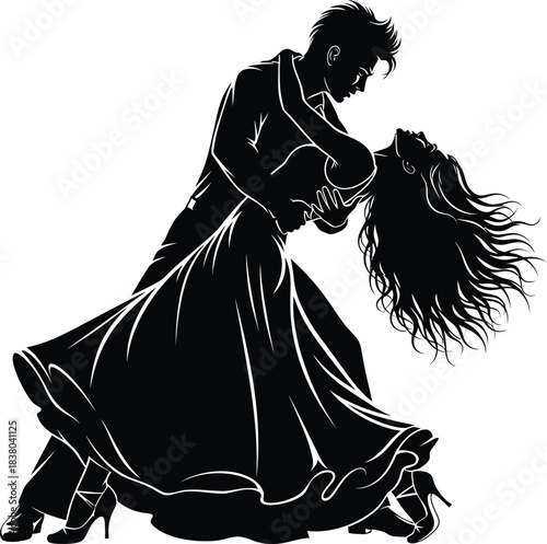 Silhouette of an intimate dancing couple in a dramatic dip with flowing hair and swirling dress on a bright white background