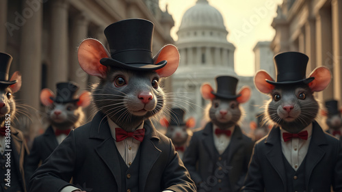 Group of smartly dressed rats in formal attire work within office setting. Illustration corruption, illicit financial activities involving government officials. Rodents represent dark undercurrent of