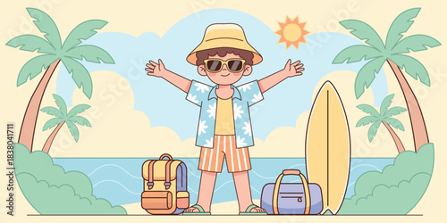 Happy Boy on Beach Vacation with Surfboard and Luggage Vector Illustration