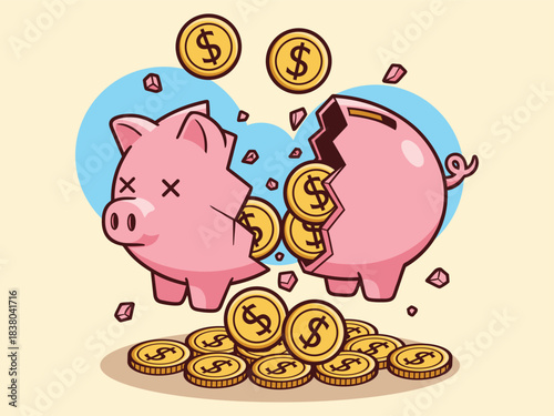 illustration of a pink piggy bank breaking open with gold coins spilling out