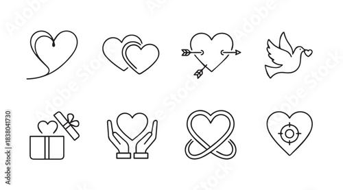 Collection of eight hand drawn heart and love symbols silhouette