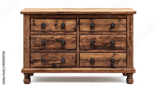 Six-drawer wooden chest of drawers with dark metal pulls.