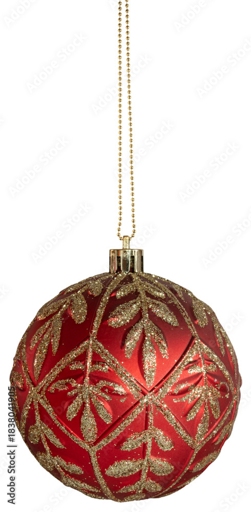 Fototapeta premium Gold and red Christmas tree ornament hanging on a chain