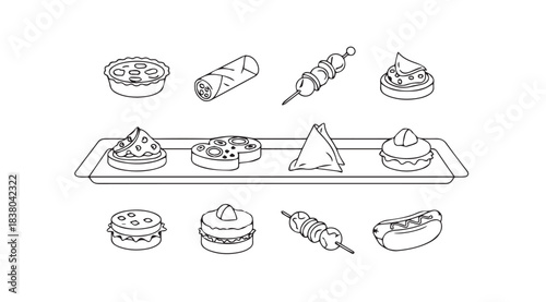 Collection of various food items and appetizers in a minimalist outline silhouette style