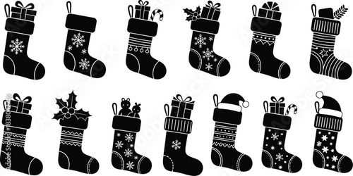 Collection of black and white Christmas stockings filled with gifts and decorated with festive motifs