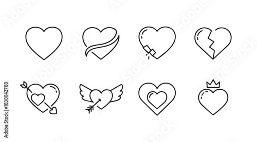 Collection of eight hand drawn heart shapes in a simple outline silhouette style