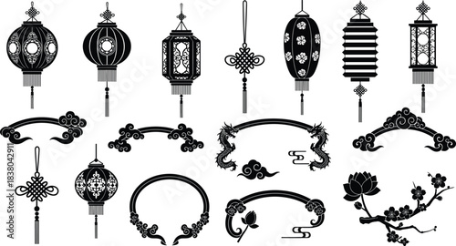 Collection of black Chinese decorative elements including lanterns clouds dragons and floral motifs