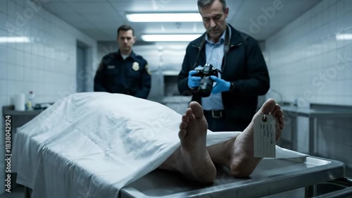 Police officer and forensic investigator examining a deceased body on a metal gurney in a brightly lit morgue, documenting evidence related to a crime scene investigation