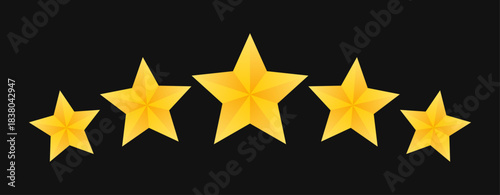 Five star in 3d style on black background. Customer reviews rating about the product. Concept of feedback from the client to seller. Vector illustration.