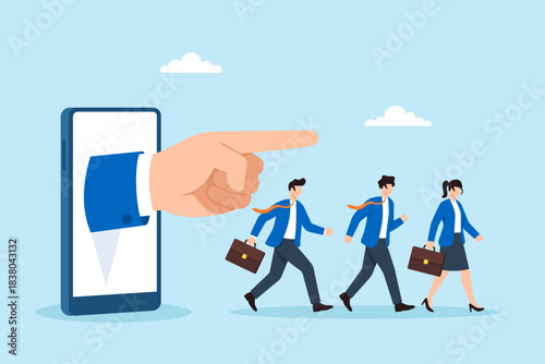 Flat illustration of giant hand from smartphone pointing direction for business team symbolizing digital guidance and remote leadership