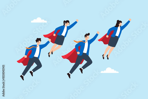 Flat illustration of business team flying upward with superhero cape symbolizing high performance and career empowerment