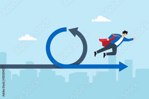 Flat illustration of businessman flying with superhero cape through agile cycle arrow symbolizing strategic breakthrough and leadership agility