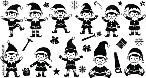 Collection of black silhouette Christmas elves and holiday icons on white background